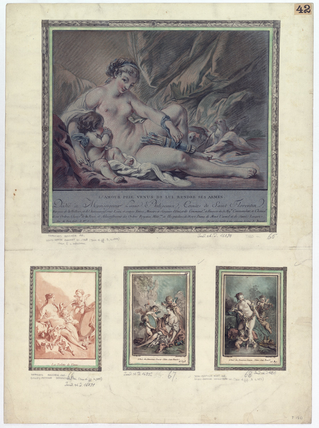 Karta z czterema rycinami. Największa przedstawiająca nagą kobietę i amorka. Na pozostałych postacie z mitologii greckiejj.