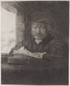rycina przedstawiająca mężczyzne w kapeluszu piszącego coś na kartkach papieru.