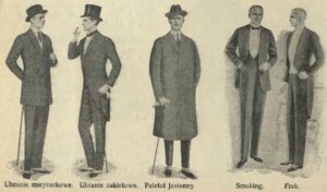 Rysunek pięciu mężczyzn prezentujących różne rodzaje eleganckiego ubioru