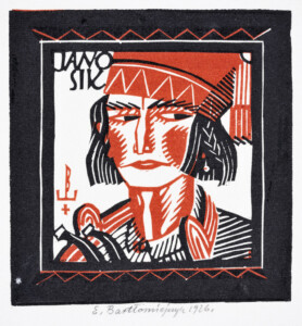 Czarno-czerwony drzeworyt przedstawiający portret mężczyzny w stroju ludowym