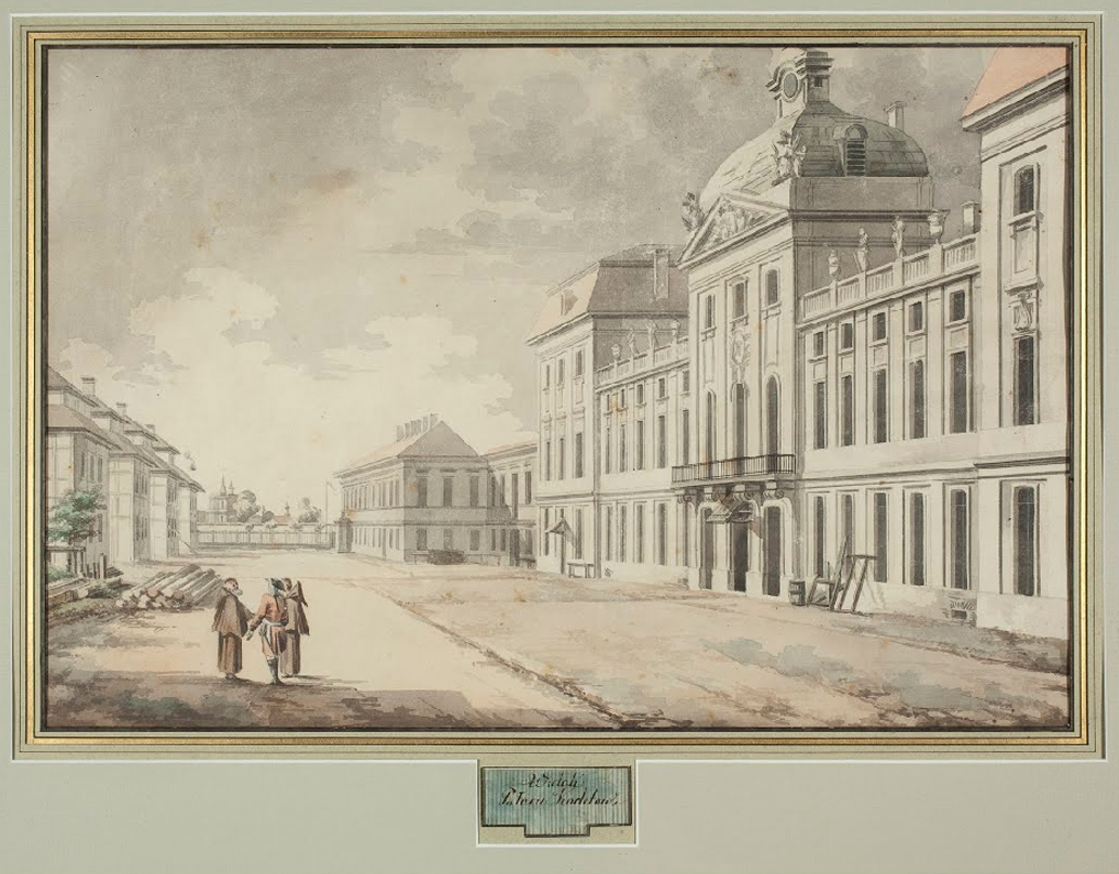 Rysunek fasady Pałacu Kazimierzowskiego. Przed nim widoczne elementy charakterystyczne dla placu budowy.