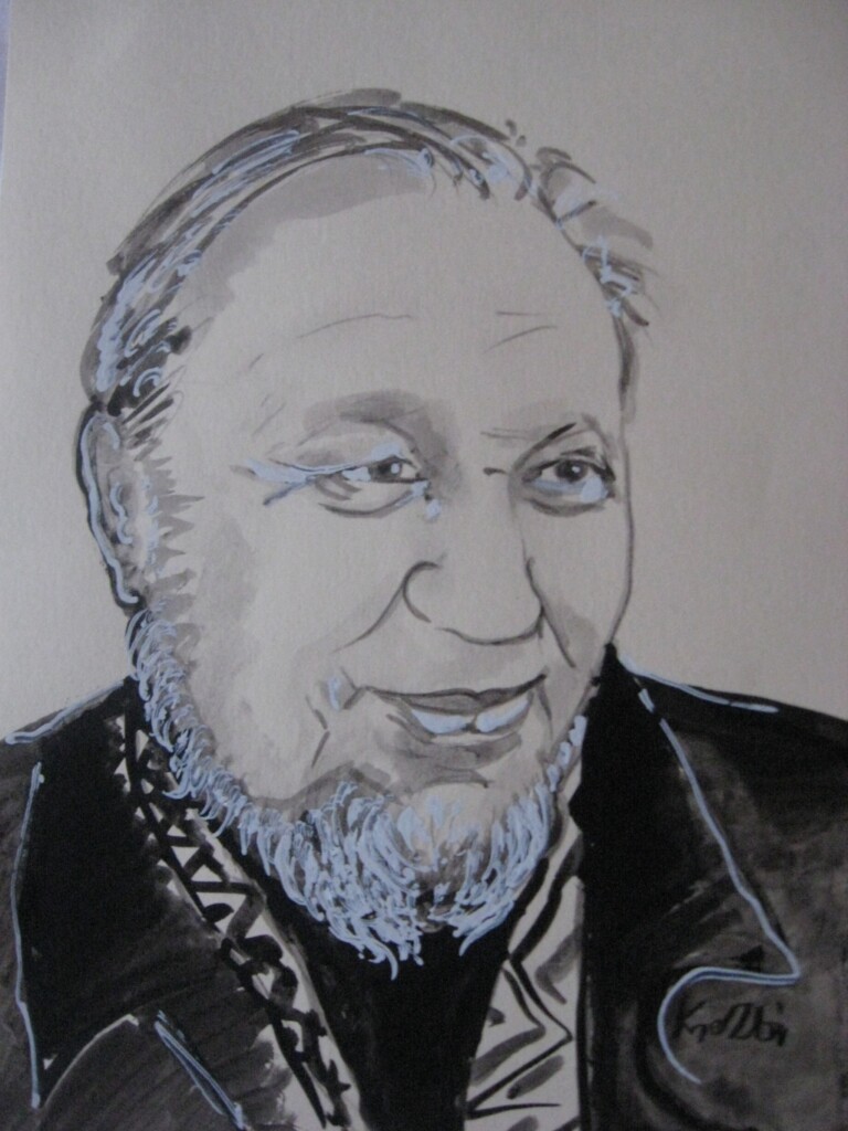 Rysunkowy portret starszego mężczyzny z siwą brodą i włosami