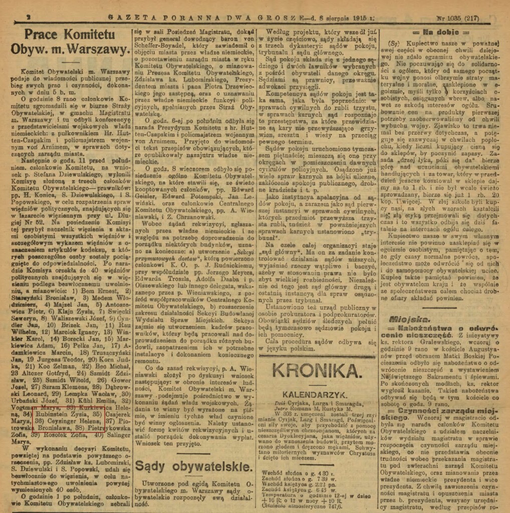 Tekst informujący o uwolnieniu Heleny Ceysinger w sierpniu 1915 roku.