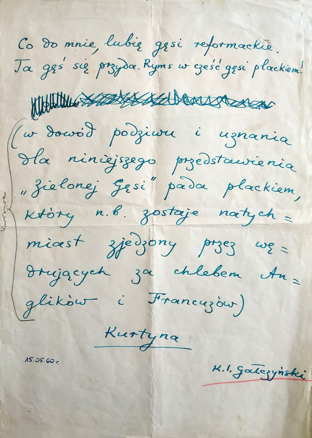 Kartka z odręcznym pismem Konstantego Ildefonsa Gałczyńskiego oraz z jego podpisem