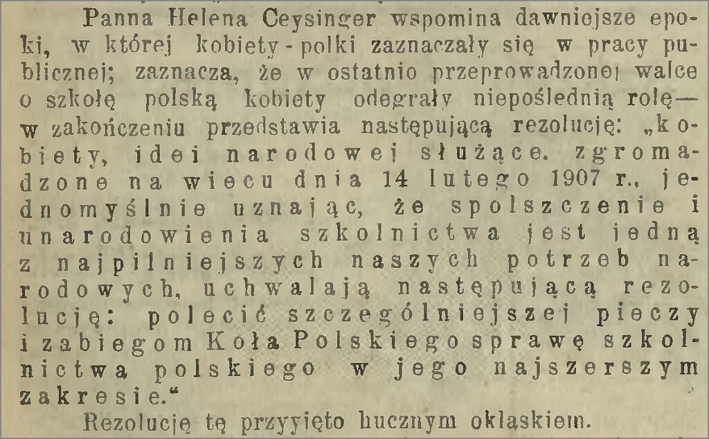 Tekst rezolucji Heleny Ceysinger z 1907 roku.