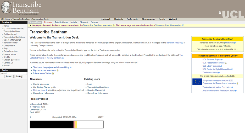 Screen ekranu bazy Trenscribe Bentham.