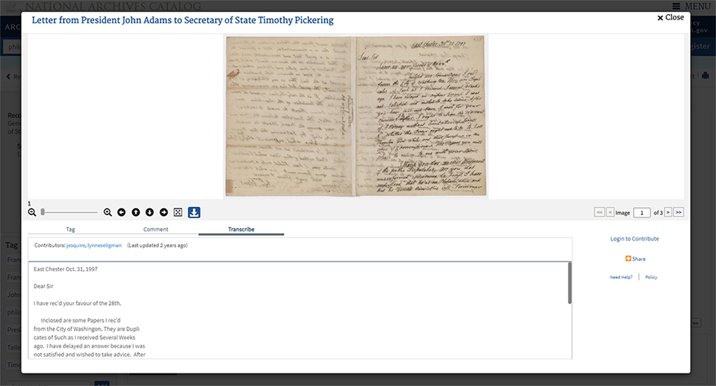 Zrzut ekranu bazy Citizen Archivist, u góry obraz dwóch zapisanych odręcznie stron, na dole okienko transkrypcji