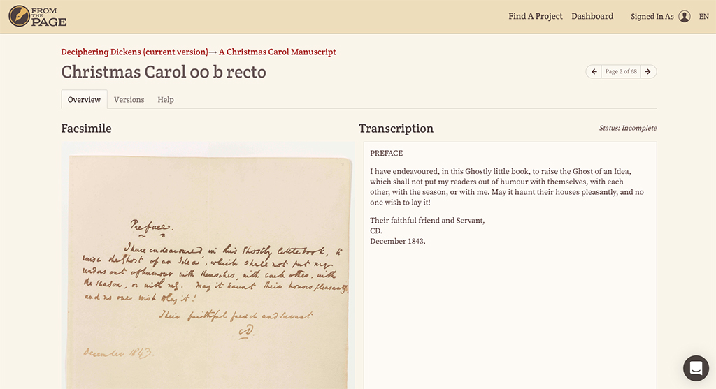 Zrzut ekranu bazy From the Page ze stroną rękopisu po lewej i transkrybowanym tekstem po prawej
