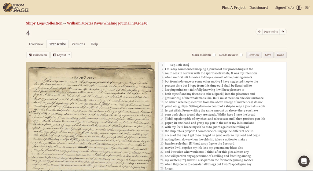 Screen baz From the Page, po lewej dziennik okrętowy napisany odręcznie, po prawej jego transkrypcja