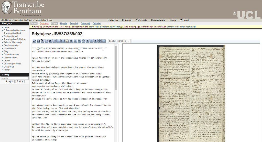 Screen ekranu bazy Trenscribe Bentham.