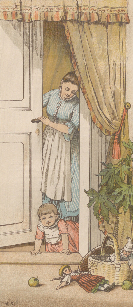 Obrazek przedstawiajacy kobietę spoglądajacą na dziecko z za uchylonych drzwi.