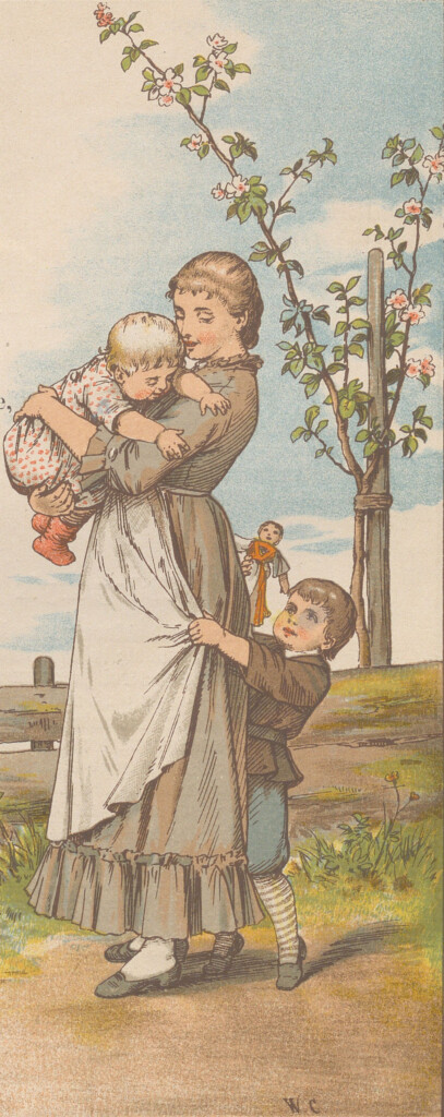 Obrazek przedstawiający kobietę niosącą dziecko. Obok dziecko ciągnące ją za suknię.