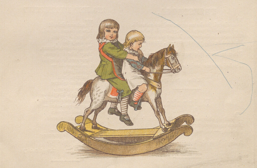 Chłopiec z dziewczynką na koniku na biegunach.
