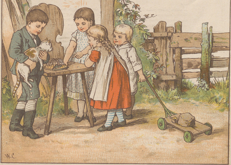 Trójka małych dzieci stojacych przy krześle. Chłopcztk trzyma kota, drugi prowadzi wózek z kamieniem.