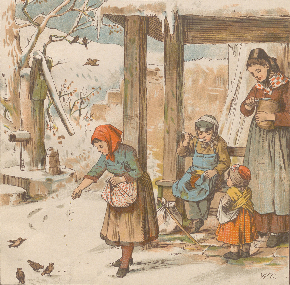 Kobieta z trójką dzieci sypiąca ptakom ziarno. W tle zimowy krajobraz.
