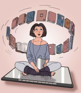 Rysunek kobiety siedzącej na e-czytniku wokół której krążą książki