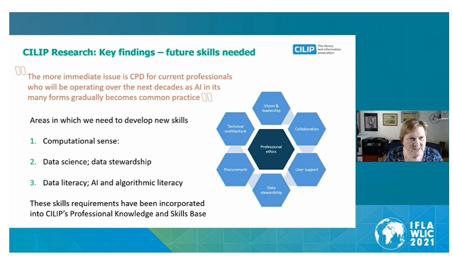 Zrzut ekarany z webinarium - slajd CILIP RESEARCH: Key finding - future skills needed
