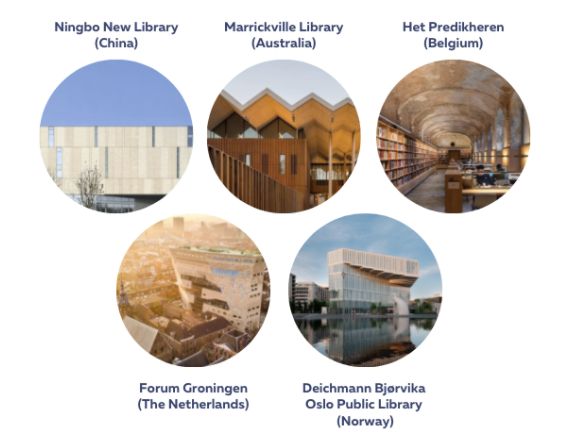 zrzut ekranu z pięcioma kółkami zawierającymi zdjęcia budynków bibliotek