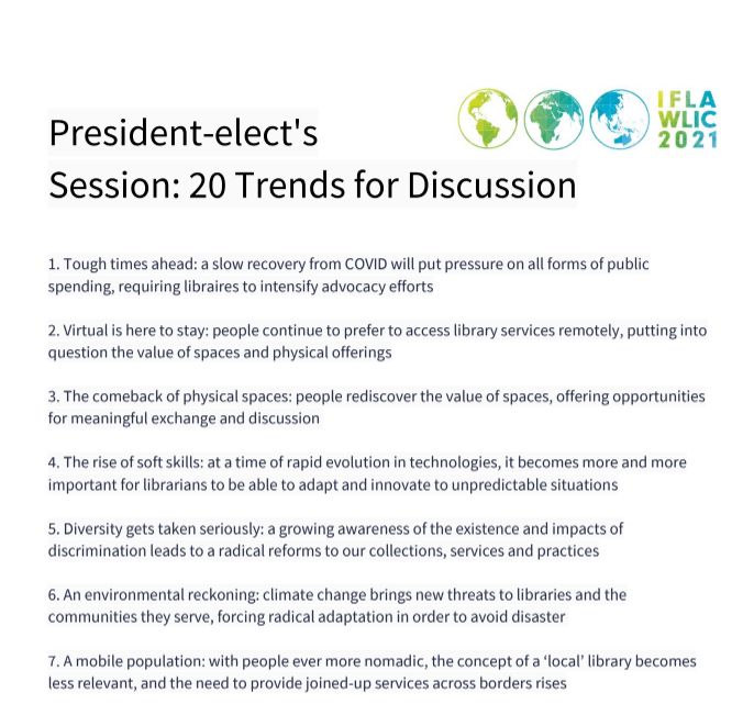 Zrzut ekranu - tekst zawierający trendy według Prezydent IFLA na kolejną kadencję