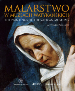 Okładka książki Malarstwo w muzeach watykańskich, na niej obraz starszej kobiety z głową owiniętą białą oraz niebieską tkaniną.