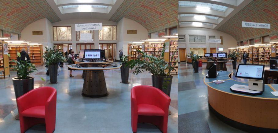 2 zestawione zdjęcia przedstawiające hol biblioteki ze stołami, regałami i fotelami