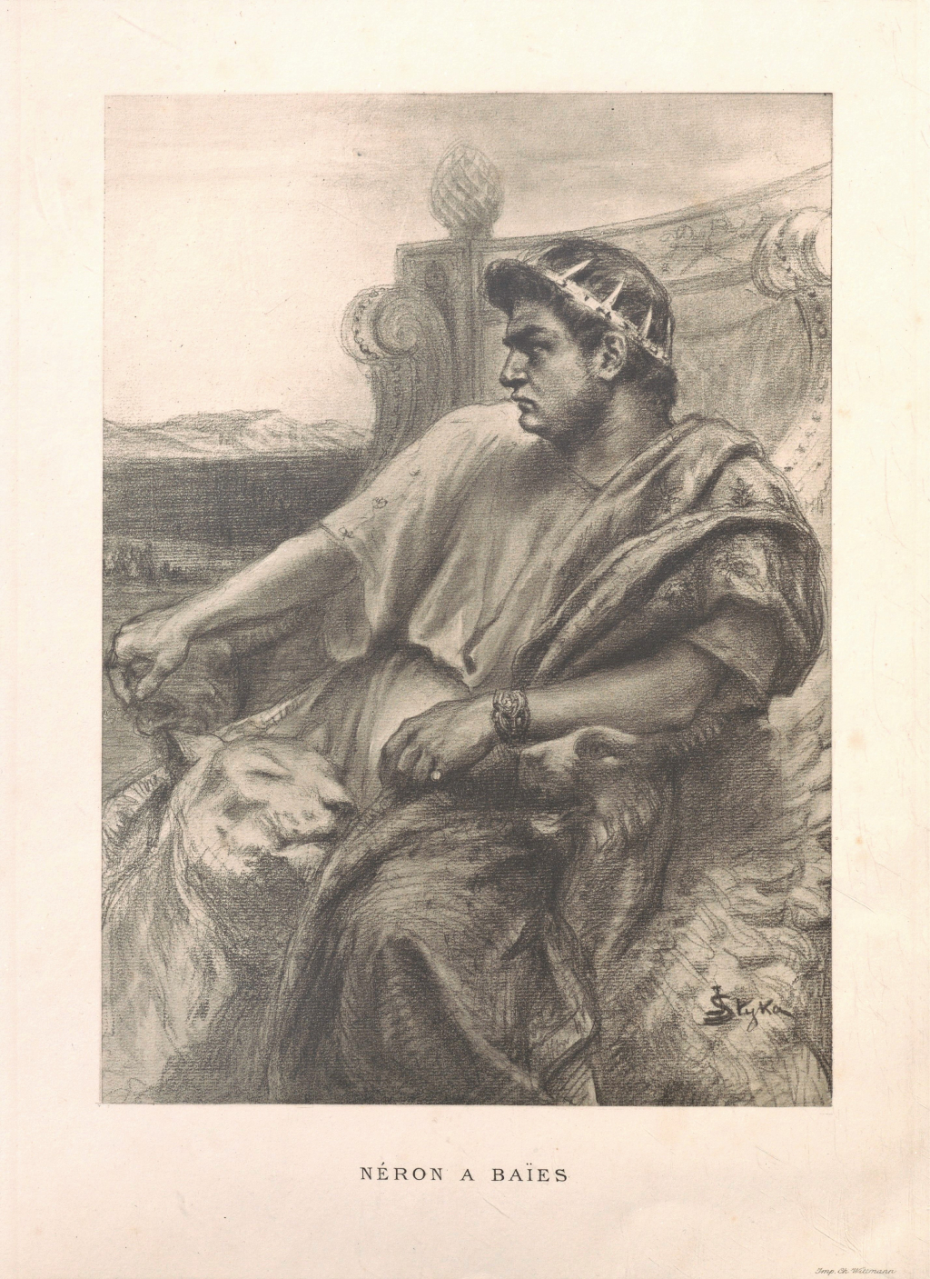 Rycina przedstawiająca Nerona w todze siedzącego na tronie