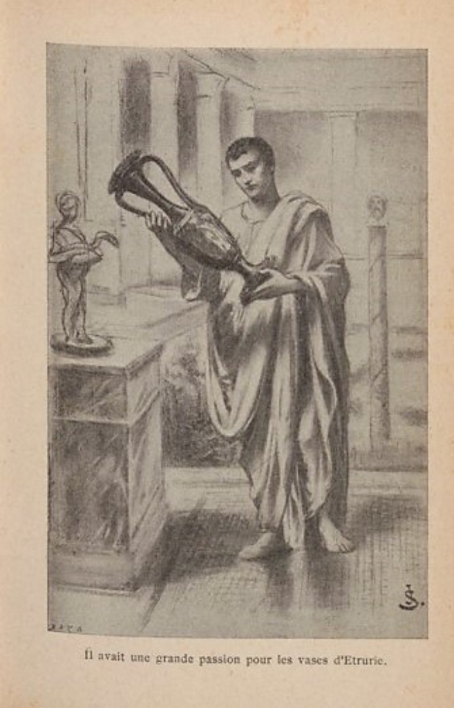 Rycina przedstawiająca mężczyznę w todze trzymającego wazę.