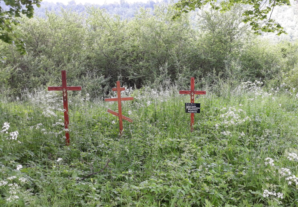 Zdjęcie trzech drewnianych krzyży na na mocno zarośniętym fragmencie łąki.