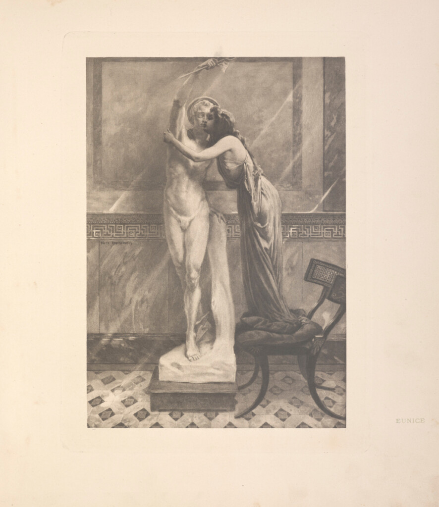 Ilustracja przedstawiająca młodą kobietę obejmującą posąg.