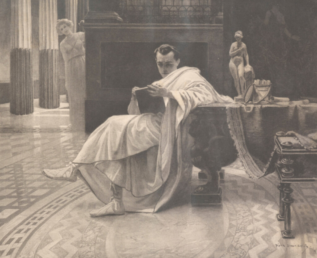 Ilustracja przedstawiająca mężczyznę w stroju ze starożytnego Rzymu, który coś czyta siedząc przy stoliku. Zza rogu przygląda się temu młoda kobieta.