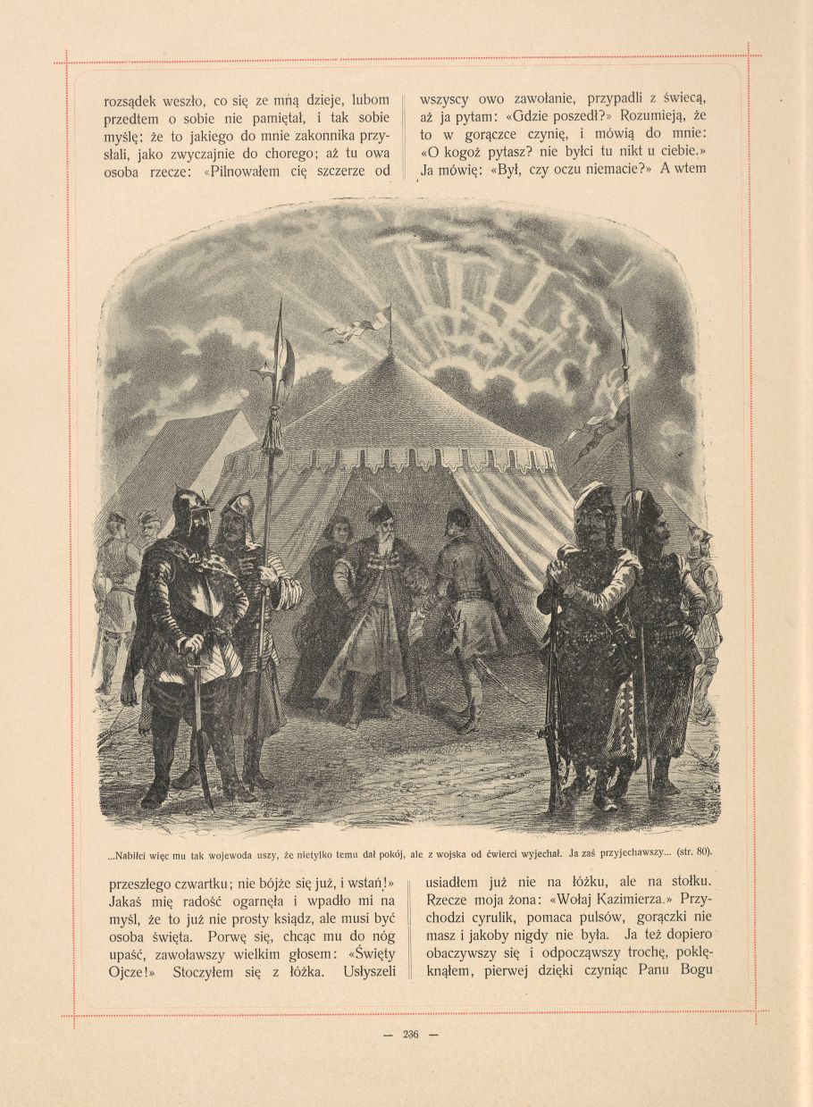 Strona ze starej książki. Tekst i obrazek. Na obrazku żołnierze z  XVII w . na drugim planie namiot.