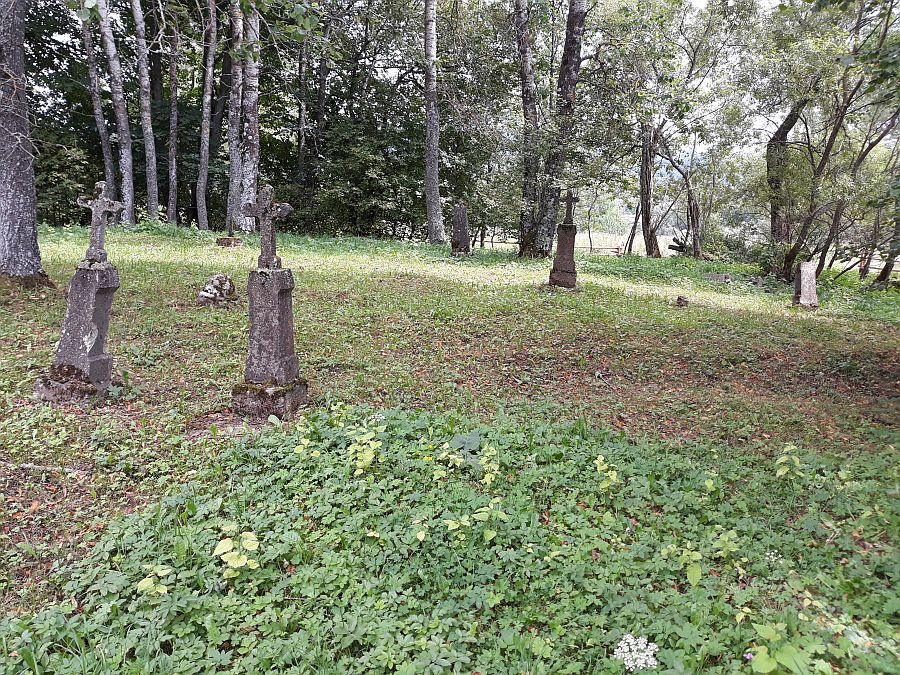Zdjęcie polany w lesie z pozostałościami nagrobków i krzyży.