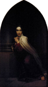 obraz olejny: klęcząca w ciemności zakonnica patrzy na widza