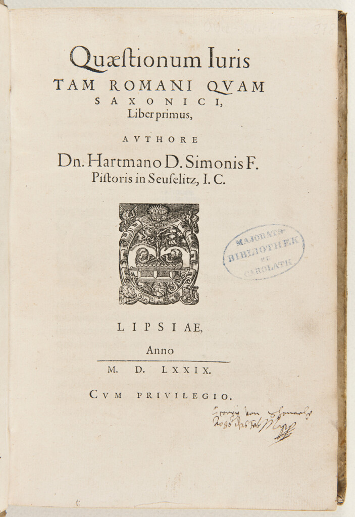 Karta tytułowa wraz z wpisem właściciela i pieczątką (XIX w.) biblioteki rodziny Schönaichów, XIX w.