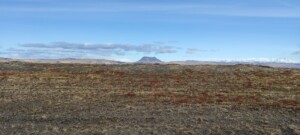 Zdjęcie pustyni, w oddali stożek wulkanu