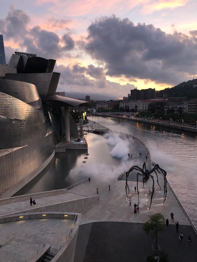 Zdjęcie krajobrazu miejskiego, widoczna nowoczesna rzeźba w kształcie pająka, metalowa fasada budynku, rzeka a za nią budynki.