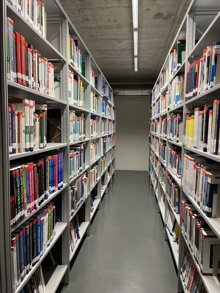 Zdjęcie przejścia między regałami bibliotecznymi pełnymi książek.