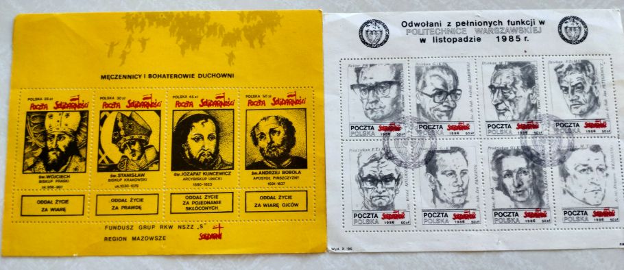 Zdjęcie arkuszy ze znaczkami pocztowymi, żółty ze wizerunkami męczenników kościelnych, biały z twarzami pracowników Politechniki Warszawskiej