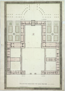 Rycina przedstawiająca plan budynku i ogrodu.