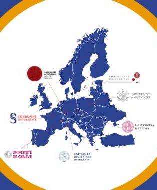 Grafika ze schematyczną mapą Europy z zaznaczonymi krajami i logami 7 uniwersytetów
