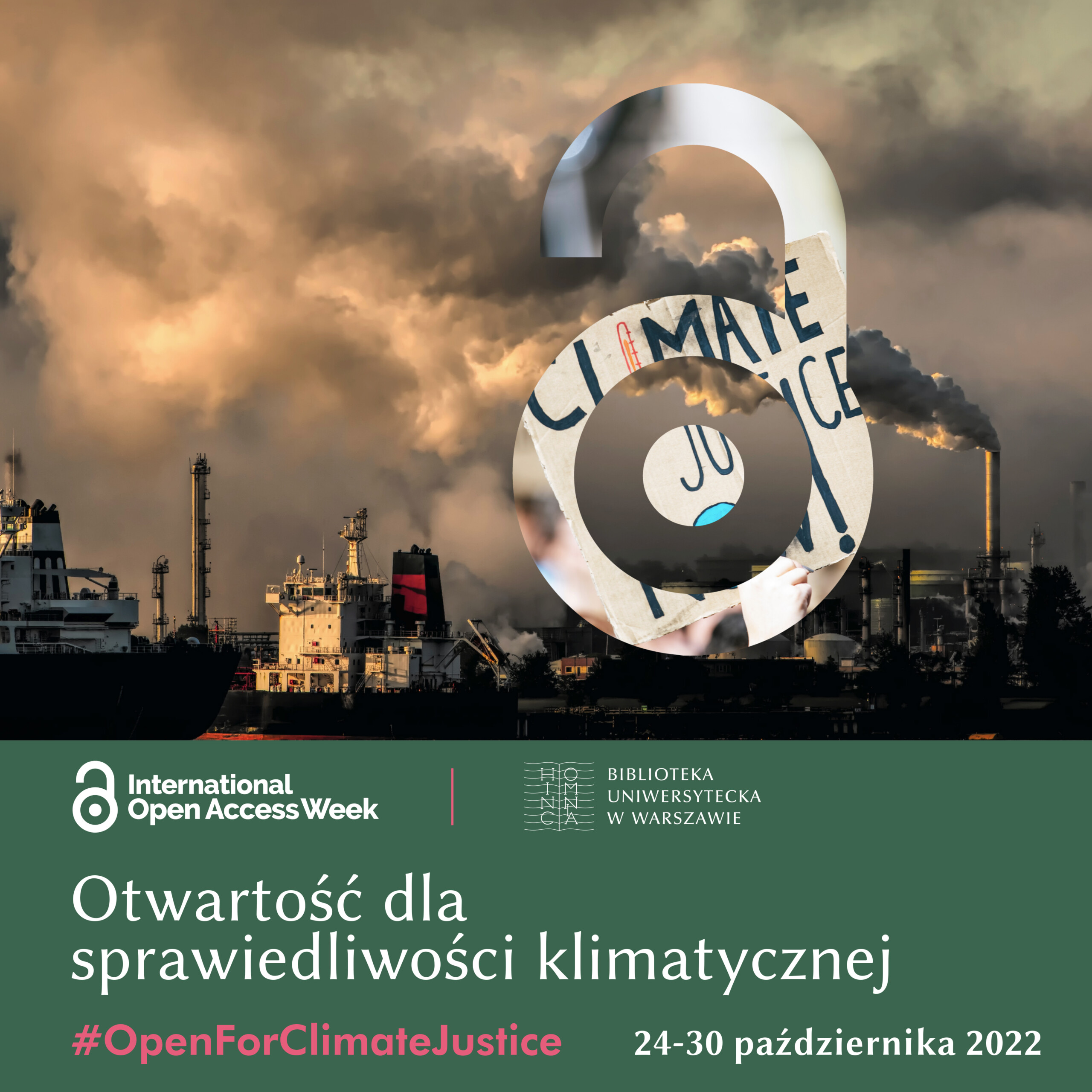 Grafika Internationa Open Access Week, na nie zdjęcie portu z wydobywającym się z kominów dymem.