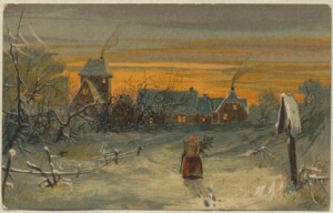 Obraz przedstawiający zimowy krajobraz. Idąca ośnieżoną drogą kobieta niosąca choinkę na plecach w tle miasteczko ze snującymi się z kominów dymami i ośnieżanymi dachami, na tle zachodu słońca.