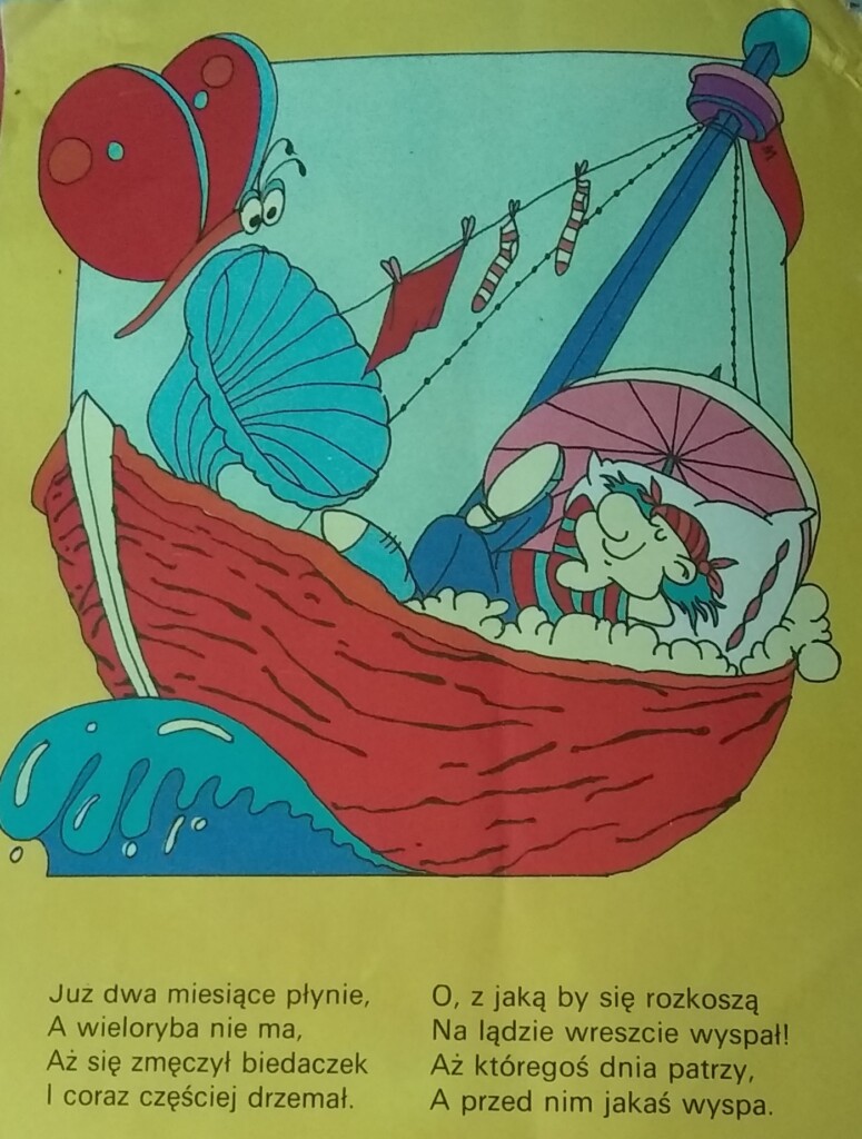 Obrazek w książce, na nim śpiący w łodzi marynarz.