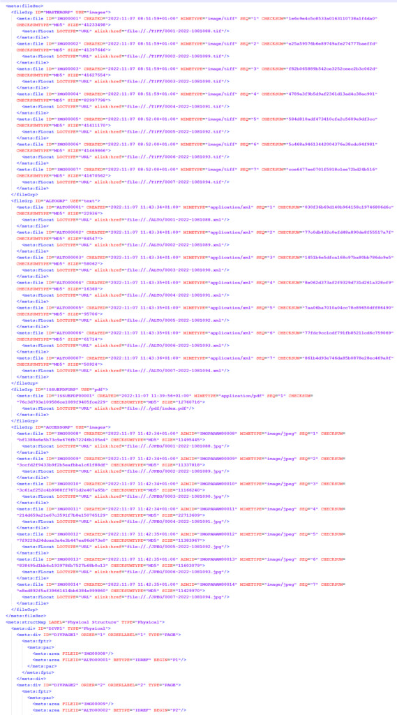 kod pliku METS.xml  - sekcja opisująca zestawienie plików publikacji