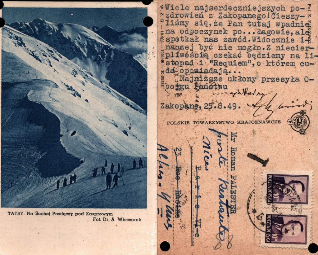 Awers i Rewers kartki pocztowej przedstawiającej góry i narciarzy. Naklejone dwa znaczki z podobizną Bolesława Bieruta.