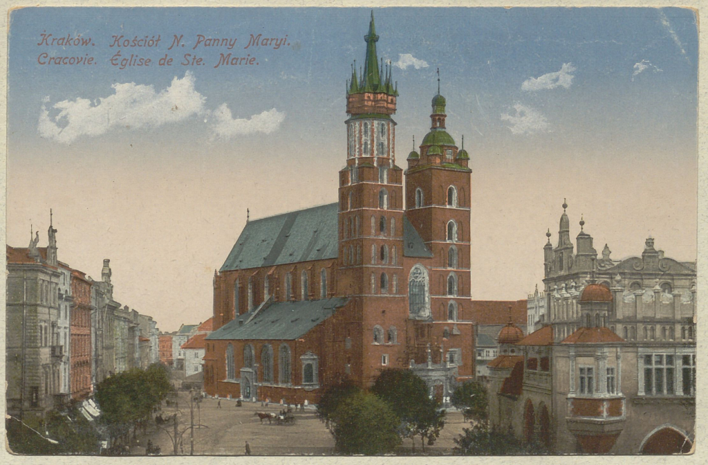 Stara pocztówka przedstawiająca kościół Mariacki w Krakowie.