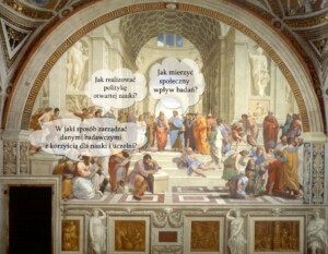obraz Szkoła Ateńska Rafaella z dopisanymi dialogami w dymkach