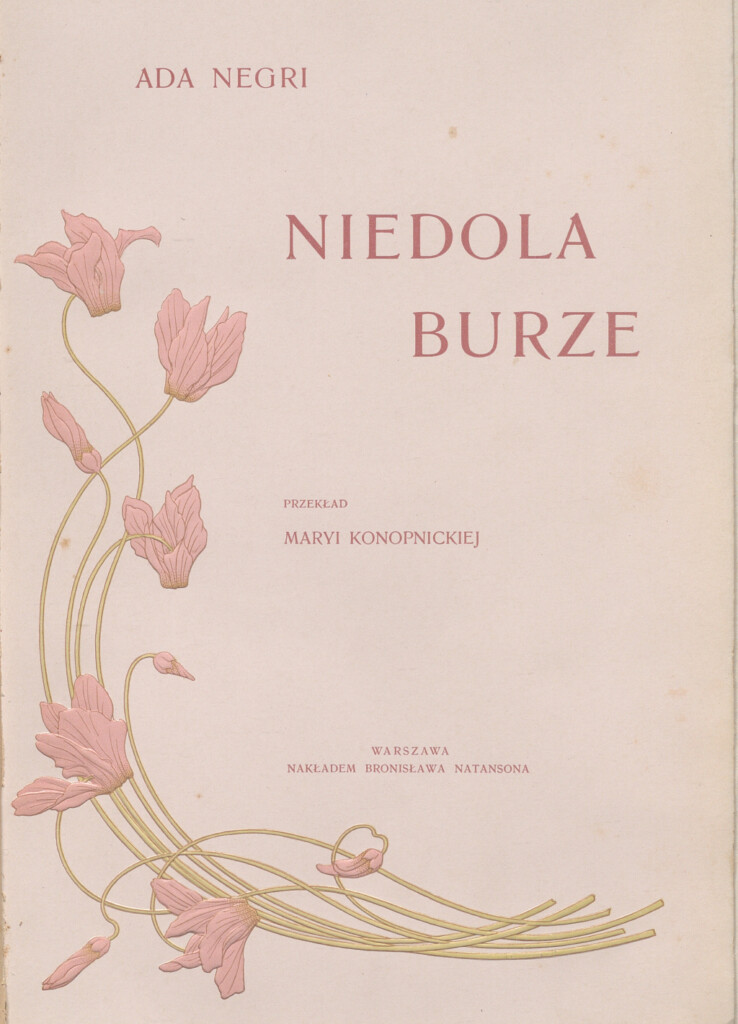 strona tytułowa książki w kolorze różowym, na okładce różowe kwiaty.