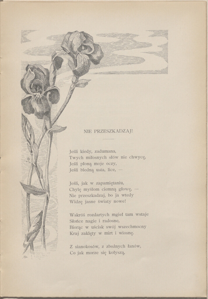 strona ze starej książki, na stronie rysunek kwiatów i tekst.