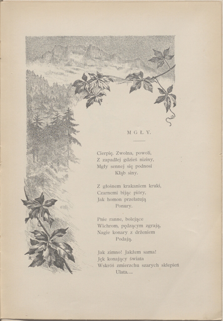 Strona ze starej książki, na stronie rysunek gór, liści i tekst.